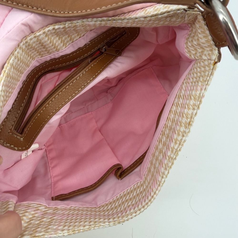 Y2K Satchel Houndstooth Crossbody Bag Brown Trim Pink Lining Adjustable Strap - Picture 4 of 8